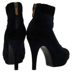 Pre Owned Chanel Navy Blue Suede CC Cap Toe Ankle Boots Size 39