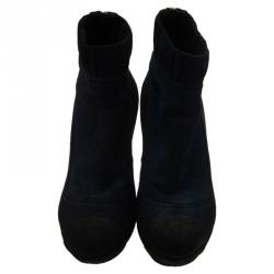 Pre Owned Chanel Navy Blue Suede CC Cap Toe Ankle Boots Size 39