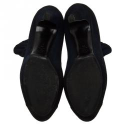 Pre Owned Chanel Navy Blue Suede CC Cap Toe Ankle Boots Size 39