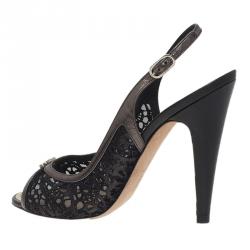 Pre Owned Chanel Black Cutout Leather CC Slingback Sandals Size 39