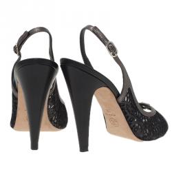 Pre Owned Chanel Black Cutout Leather CC Slingback Sandals Size 39