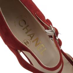 Pre Owned Chanel Red Suede Mary Jane Pumps Size 37.5