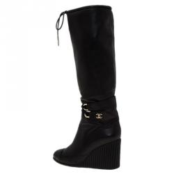 مملوكة مسبقًا Chanel Black Leather Buckle Detail Wedge Tall Boots Size 37