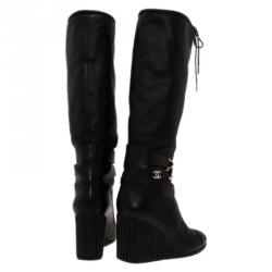 مملوكة مسبقًا Chanel Black Leather Buckle Detail Wedge Tall Boots Size 37