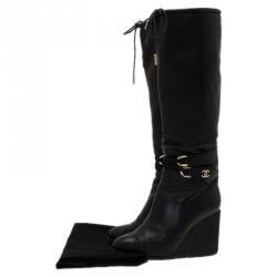 مملوكة مسبقًا Chanel Black Leather Buckle Detail Wedge Tall Boots Size 37