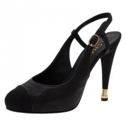 Pre Owned Chanel Black Leather Cap Toe Slingback Sandals Size 39