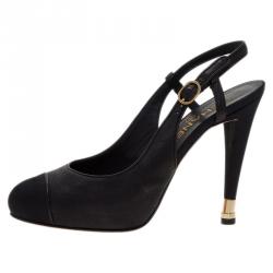 Pre Owned Chanel Black Leather Cap Toe Slingback Sandals Size 39