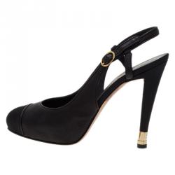 Pre Owned Chanel Black Leather Cap Toe Slingback Sandals Size 39