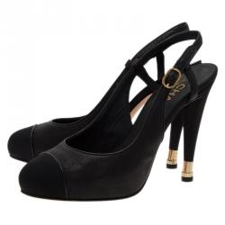 Pre Owned Chanel Black Leather Cap Toe Slingback Sandals Size 39