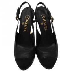 Pre Owned Chanel Black Leather Cap Toe Slingback Sandals Size 39