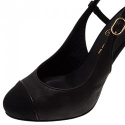 Pre Owned Chanel Black Leather Cap Toe Slingback Sandals Size 39