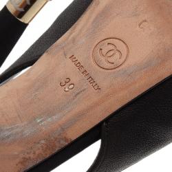 Pre Owned Chanel Black Leather Cap Toe Slingback Sandals Size 39