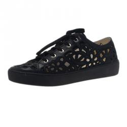 Pre Owned Chanel Black Flower Cutout Leather Sneakers Size 39
