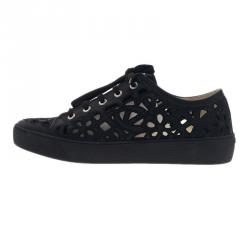 Pre Owned Chanel Black Flower Cutout Leather Sneakers Size 39