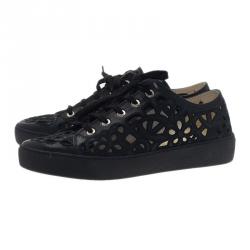 Pre Owned Chanel Black Flower Cutout Leather Sneakers Size 39