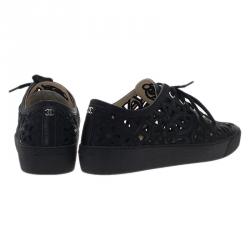 Pre Owned Chanel Black Flower Cutout Leather Sneakers Size 39