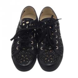 Pre Owned Chanel Black Flower Cutout Leather Sneakers Size 39