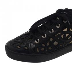 Pre Owned Chanel Black Flower Cutout Leather Sneakers Size 39