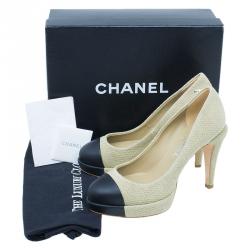 مملوكة مسبقًا Chanel Beige Raffia Cap Toe Platform Pumps Size 38