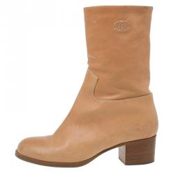 Chanel Tan Leather Mid Calf Boots Size 38.5 