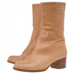 Chanel Tan Leather Mid Calf Boots Size 38.5 