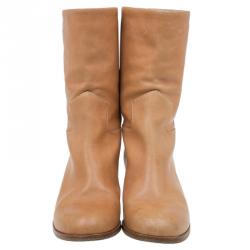 Chanel Tan Leather Mid Calf Boots Size 38.5 