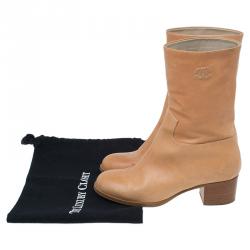 Chanel Tan Leather Mid Calf Boots Size 38.5 