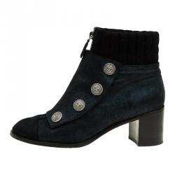Chanel Black and Navy Suede Button Detail Ankle Booties Size 39