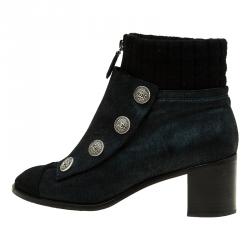 Chanel Black and Navy Suede Button Detail Ankle Booties Size 39