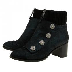Chanel Black and Navy Suede Button Detail Ankle Booties Size 39