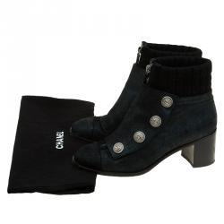 Chanel Black and Navy Suede Button Detail Ankle Booties Size 39