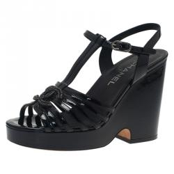 Chanel Black Patent T-Strap Platform CC Logo Wedge Sandals Size