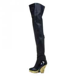 Pre Owned Chanel Black Leather Baroque Style Tall Boots Size 38