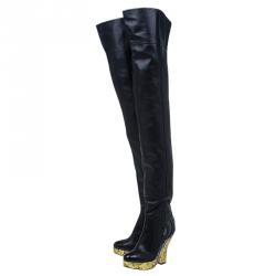 Pre Owned Chanel Black Leather Baroque Style Tall Boots Size 38