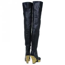 Pre Owned Chanel Black Leather Baroque Style Tall Boots Size 38
