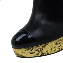 Pre Owned Chanel Black Leather Baroque Style Tall Boots Size 38