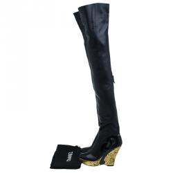 Pre Owned Chanel Black Leather Baroque Style Tall Boots Size 38