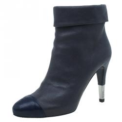 Chanel Grey and Blue Leather Cap Toe Ankle Booties Size 39