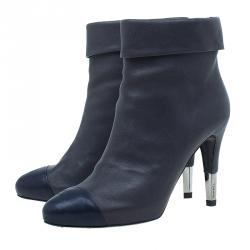 Chanel Grey and Blue Leather Cap Toe Ankle Booties Size 39