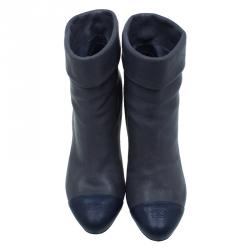 Chanel Grey and Blue Leather Cap Toe Ankle Booties Size 39