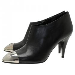 Chanel Black Leather CC Logo Metal Cap Toe Booties Size 38