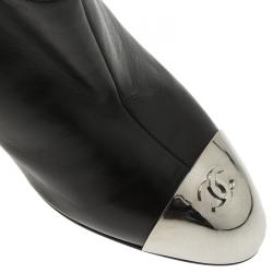 Chanel Black Leather CC Logo Metal Cap Toe Booties Size 38