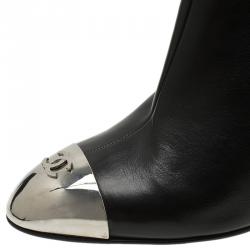 Chanel Black Leather CC Logo Metal Cap Toe Booties Size 38