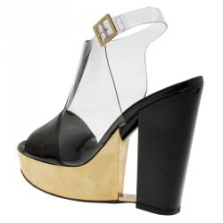 Chanel Transparent Gold and Black Patent Platform Wedge Sandals Size 38