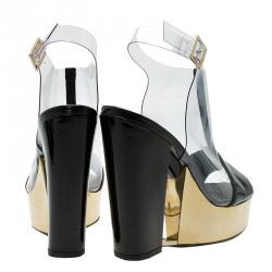 Chanel Transparent Gold and Black Patent Platform Wedge Sandals Size 38