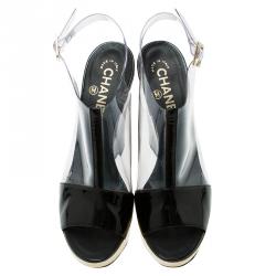 Chanel Transparent Gold and Black Patent Platform Wedge Sandals Size 38