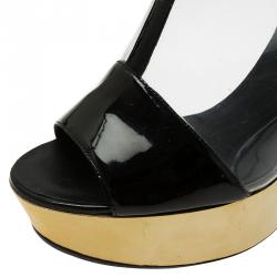 Chanel Transparent Gold and Black Patent Platform Wedge Sandals Size 38