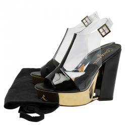 Chanel Transparent Gold and Black Patent Platform Wedge Sandals Size 38