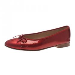 Pre Owned Chanel Red Leather CC Cap Toe Ballet Flats Size 39.5
