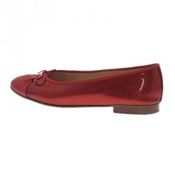 Pre Owned Chanel Red Leather CC Cap Toe Ballet Flats Size 39.5